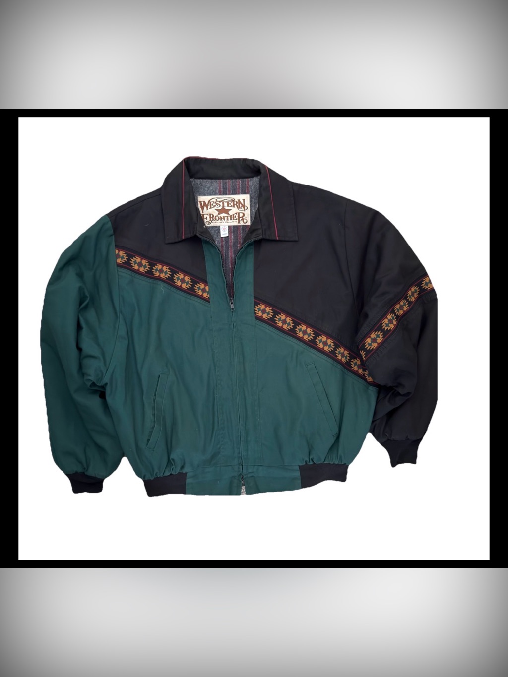 Vtg 90s Western Frontier Aztec Bomber Jacket 2x Green Black Blanket Lined Usa